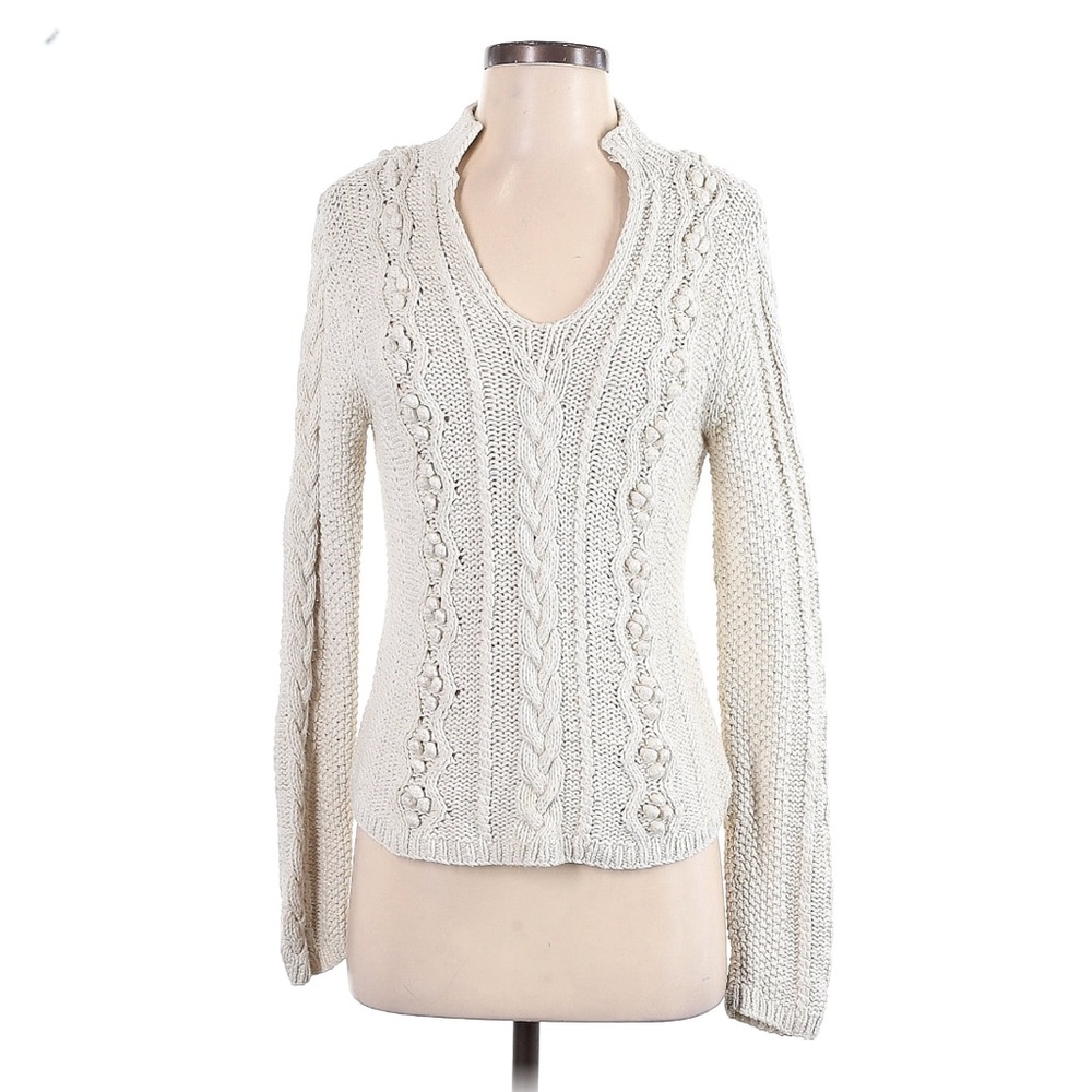 WinterSilks Cream Silk V-Neck Cable Knit Sweater